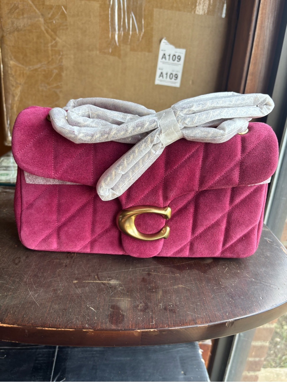 Coach Quilted Suede Shoulder Bag in Magenta with Gold Hardware